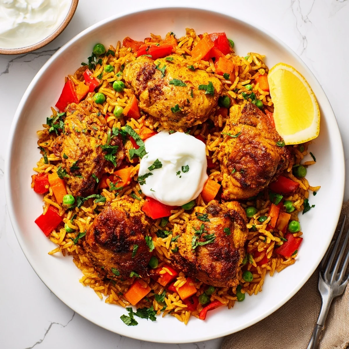 Steaming skillet of Middle Eastern shawarma chicken and rice garnished with fresh parsley and served family style