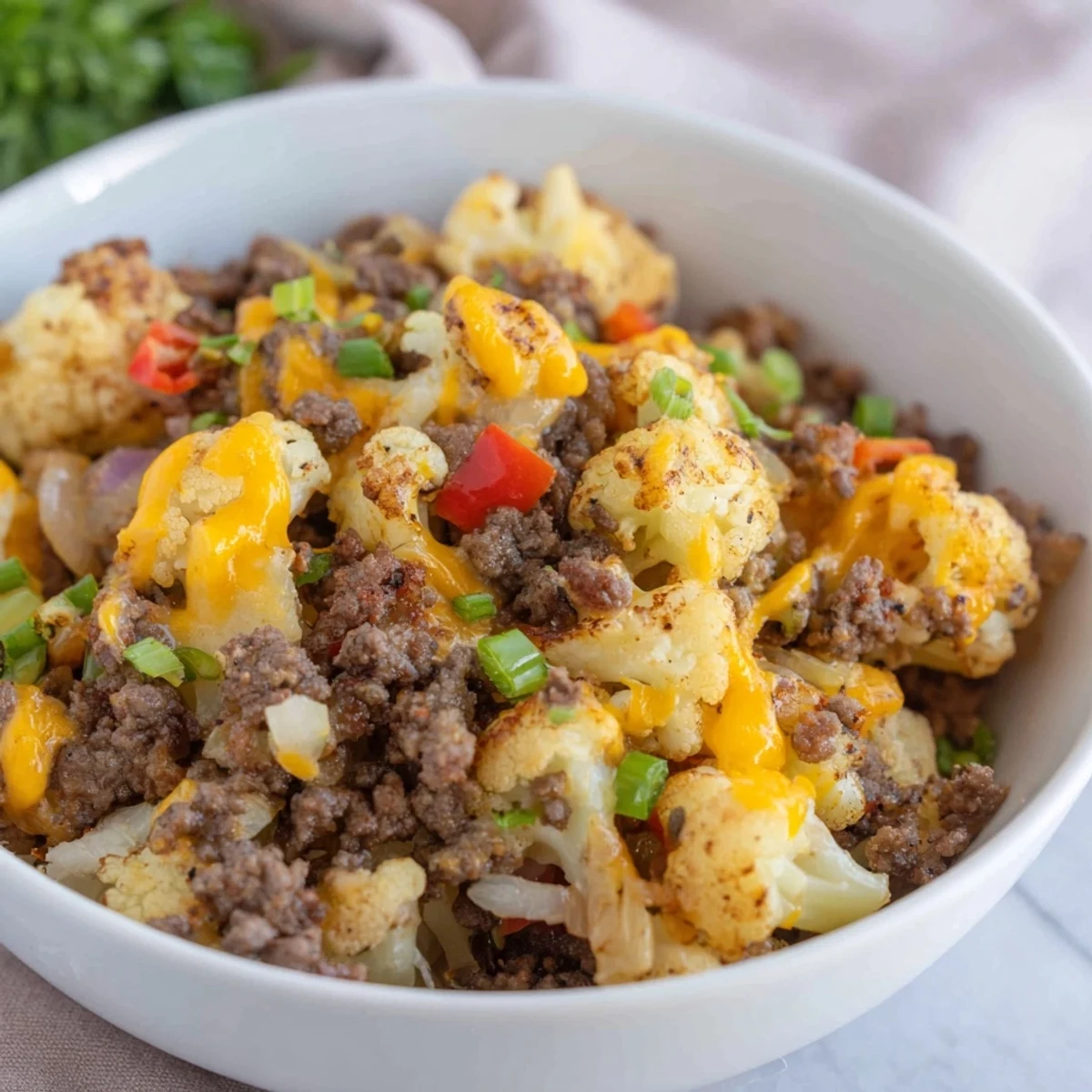 Golden skillet cauliflower and ground beef hash with melted cheddar and fresh green onions