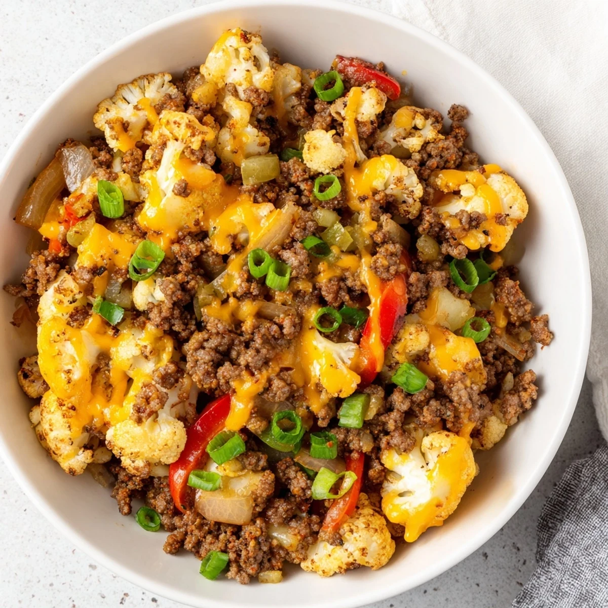 Savory low-carb cauliflower and ground beef hash served in a cast iron skillet with parsley garnish