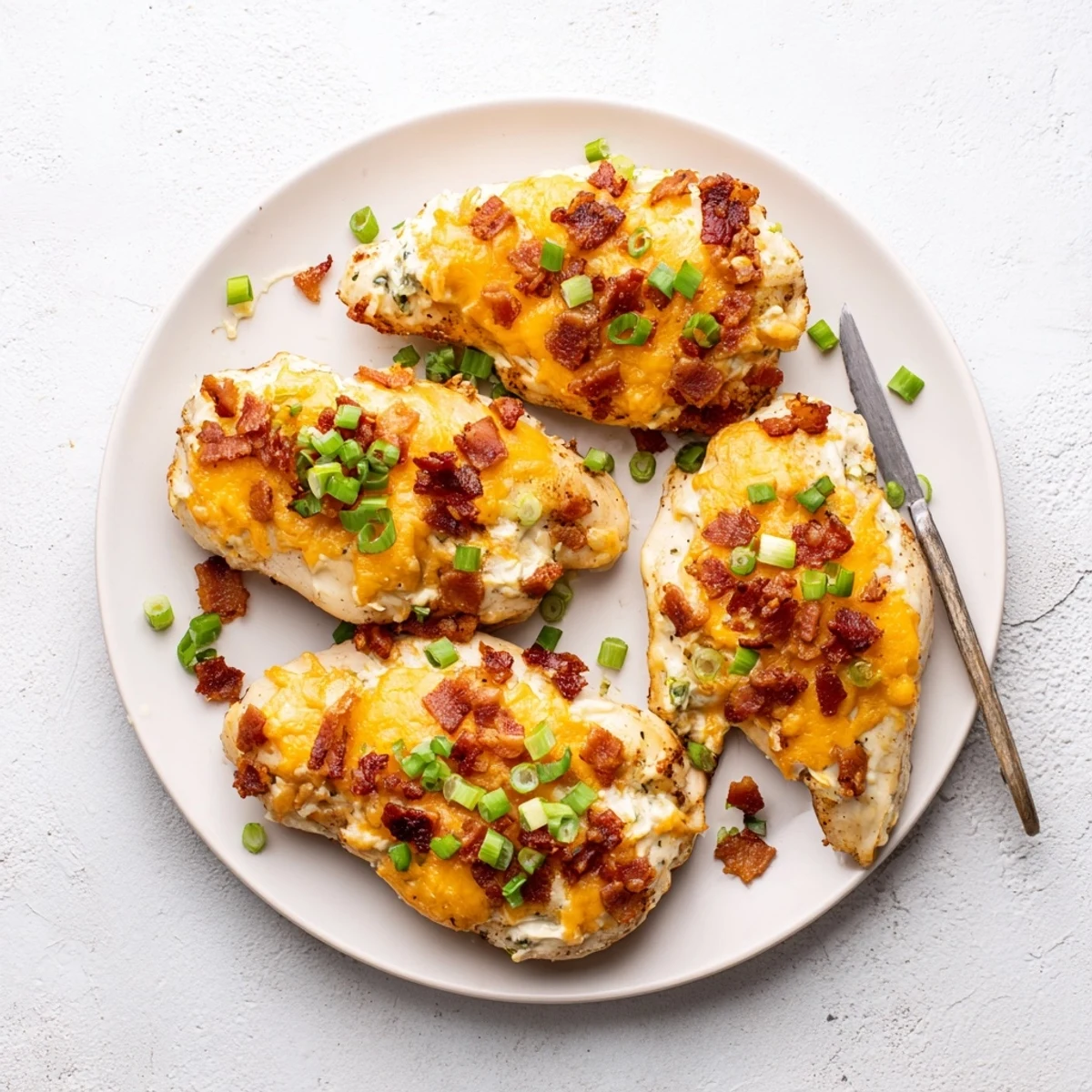 Creamy ranch baked crack chicken topped with bacon and fresh green onions
