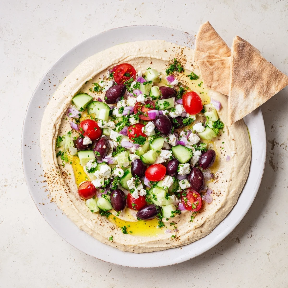 Golden bowl of Greek style loaded hummus garnished with cherry tomatoes, cucumber, and parsley
