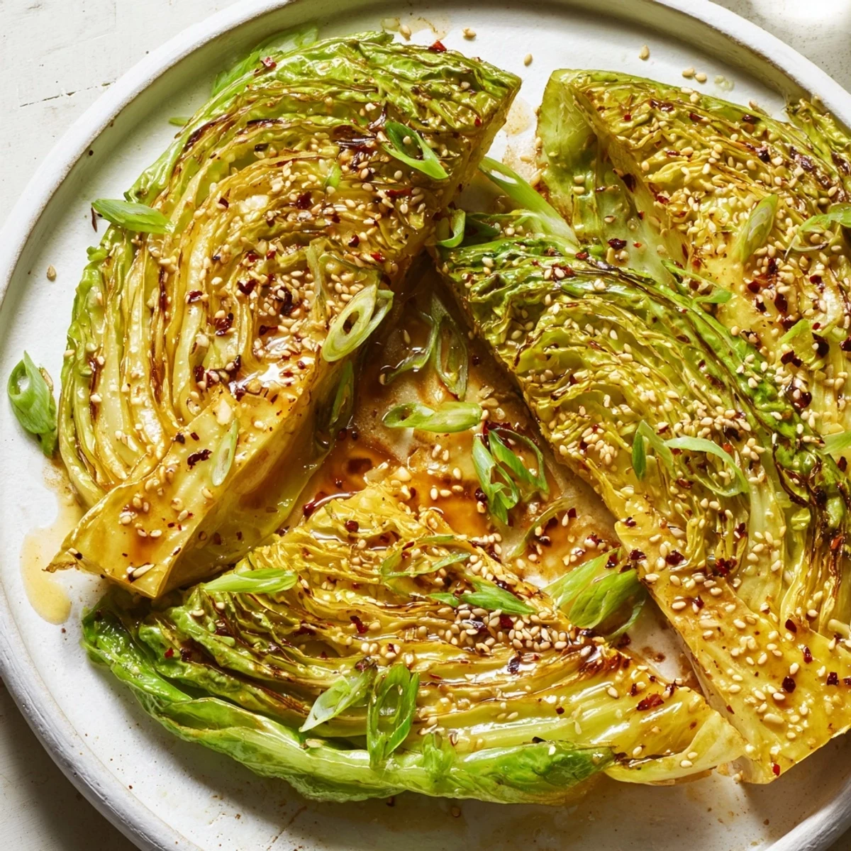 Tender caramelized cabbage wedges brushed with miso butter sauce and garnished with sesame seeds and green onions