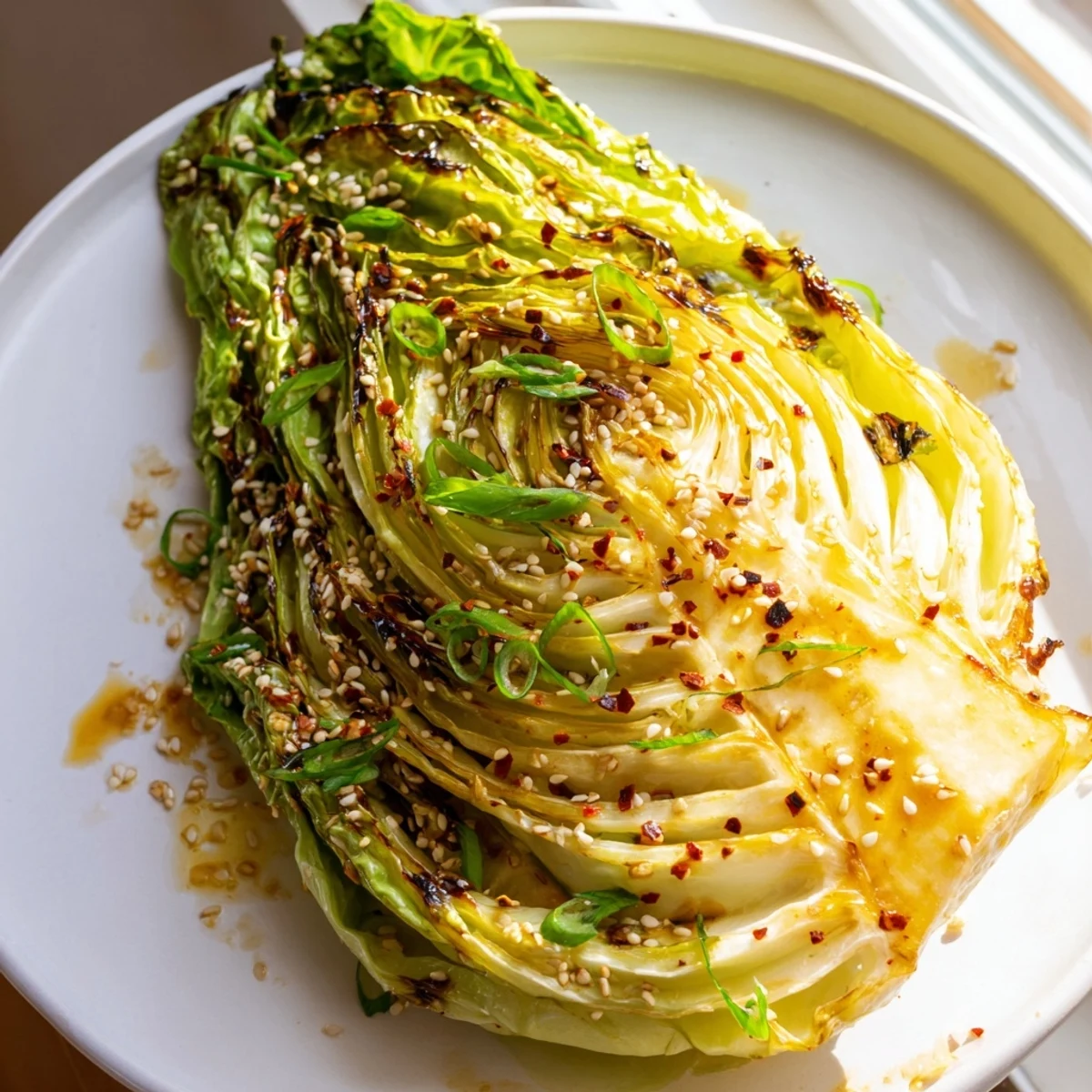 Japanese-inspired roasted cabbage wedges with golden edges topped with savory miso butter and chili flakes