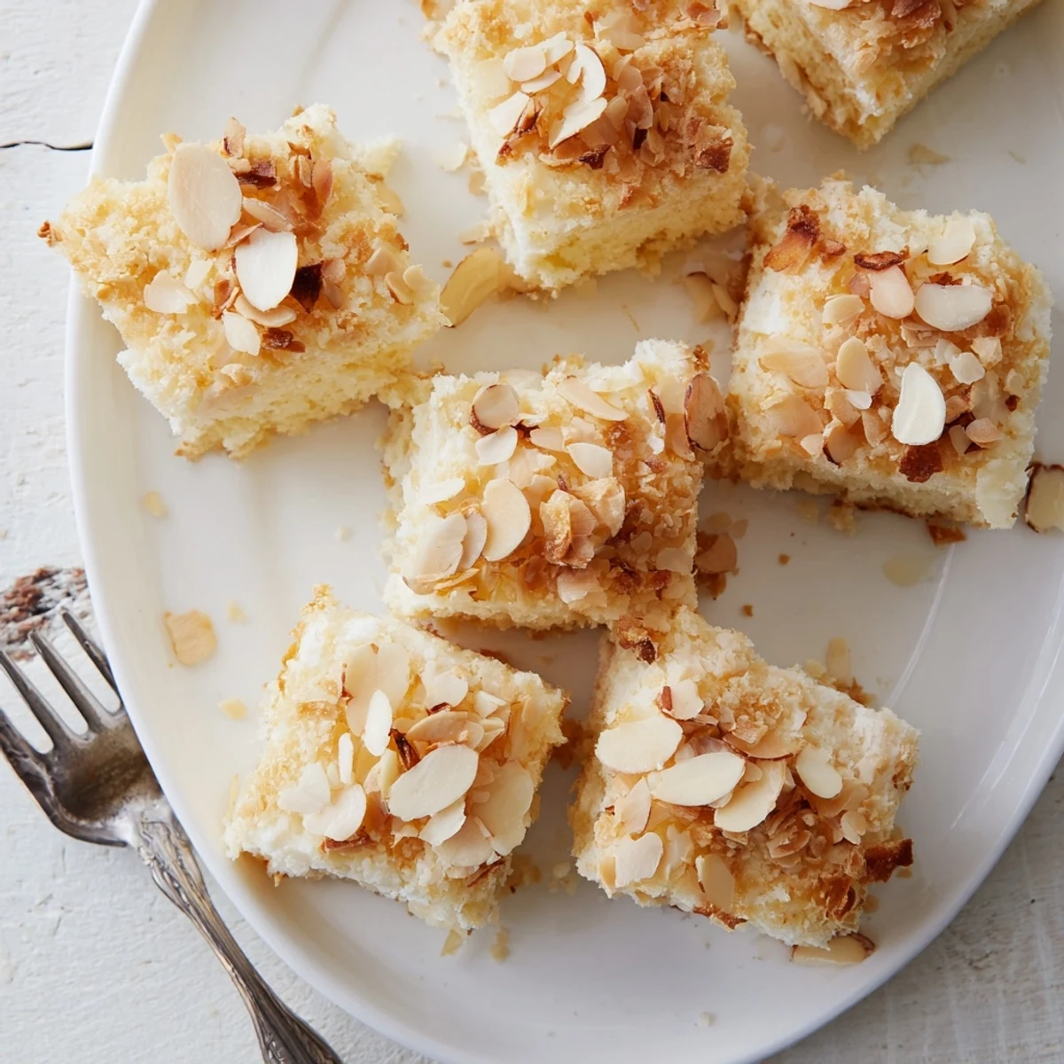 Golden easy ricotta cloud squares topped with crunchy caramelized sliced almonds and cinnamon dusting