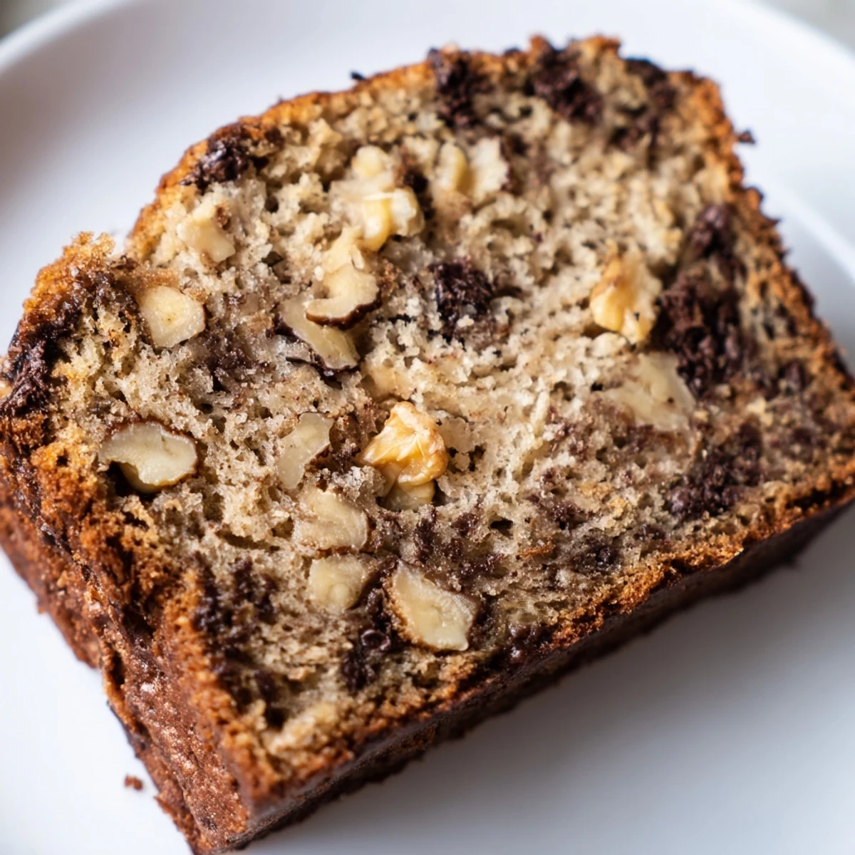 Whole super moist banana bread in a loaf pan, baked to perfection with a beautifully caramelized crust and dark specks of ripe banana