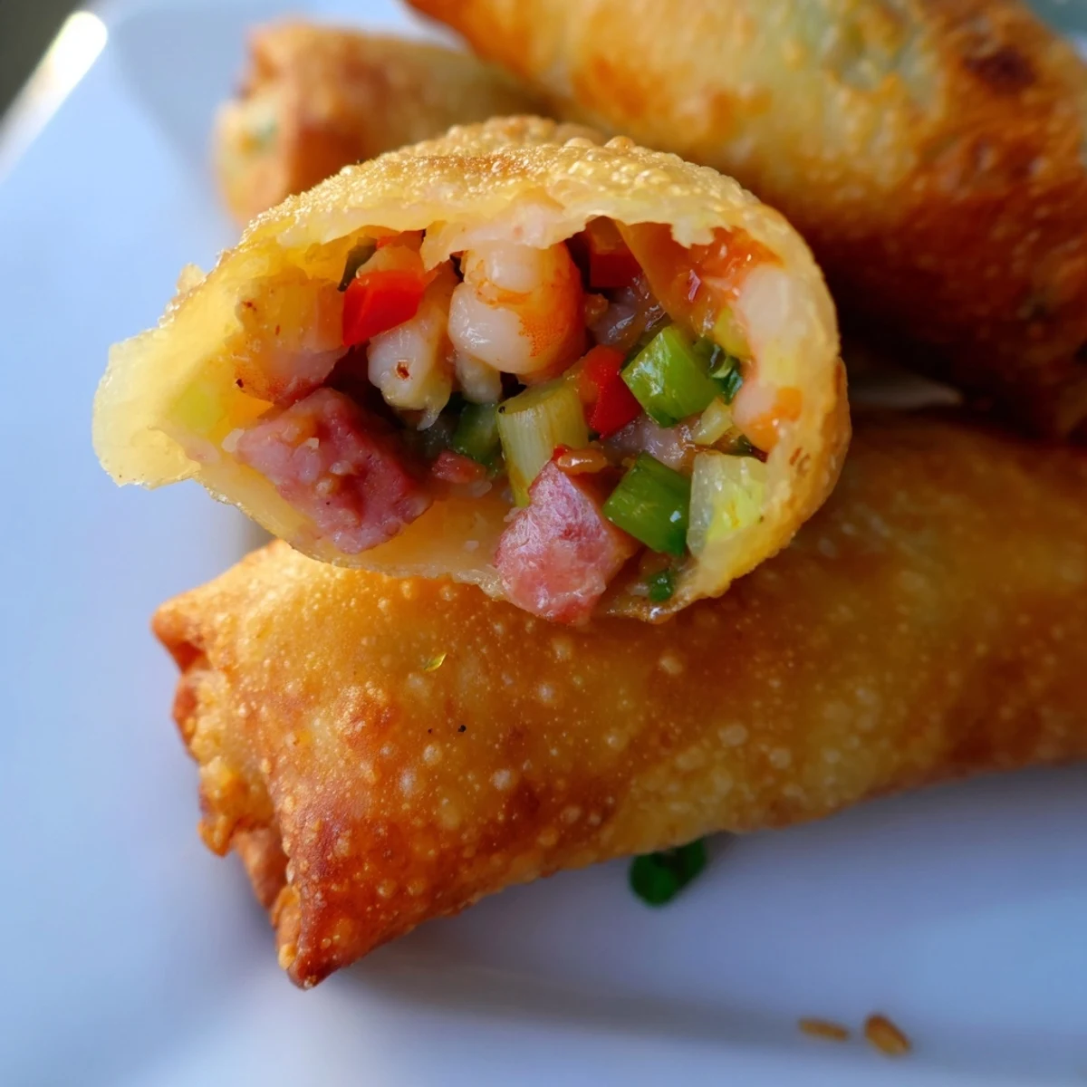 Golden crispy Voodoo egg rolls filled with spicy andouille sausage, shrimp, and colorful vegetables