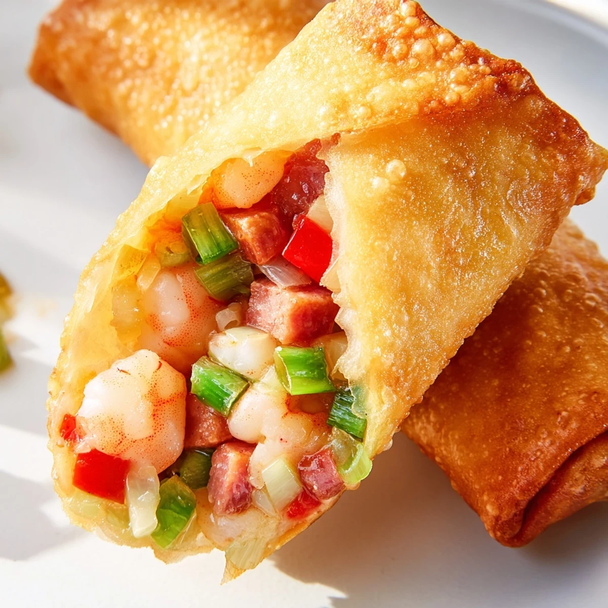 Plate of three Voodoo egg rolls garnished with fresh parsley and served with tangy dipping sauce