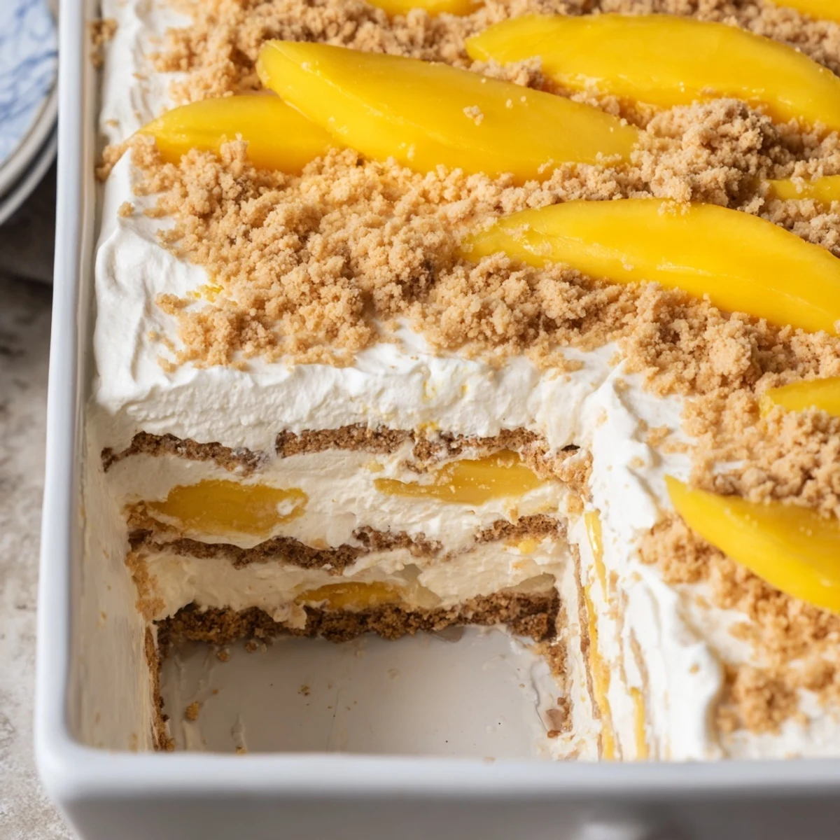Square slice of no-bake Filipino Mango Float revealing graham cracker layers beneath sweet mango