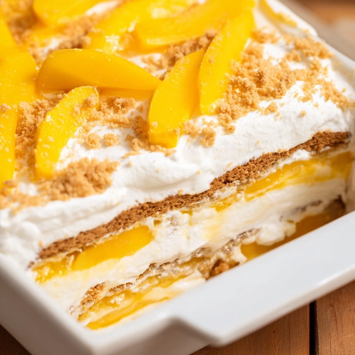 Chilled Filipino Mango Float dessert in glass dish topped with fresh mango arrangements