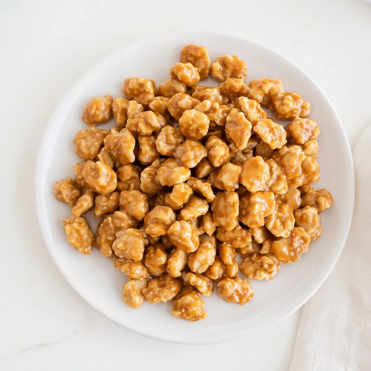 Buttery caramel glazed oyster crackers scattered across parchment, ready for sweet snacking