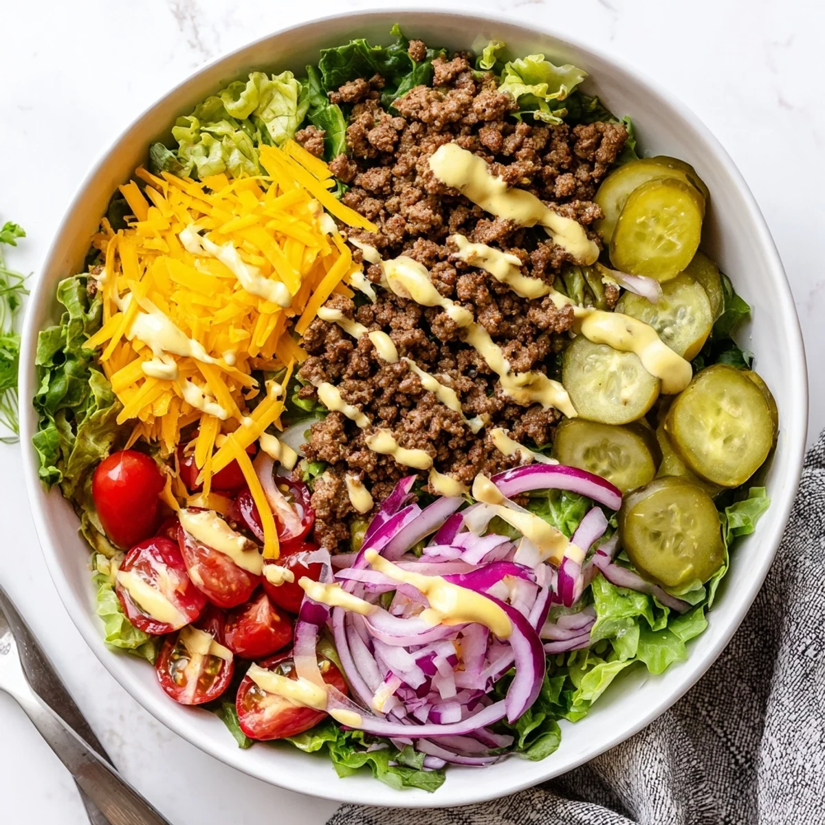 Colorful burger bowl layered with juicy beef, fresh tomatoes, cheddar cheese, and tangy special sauce