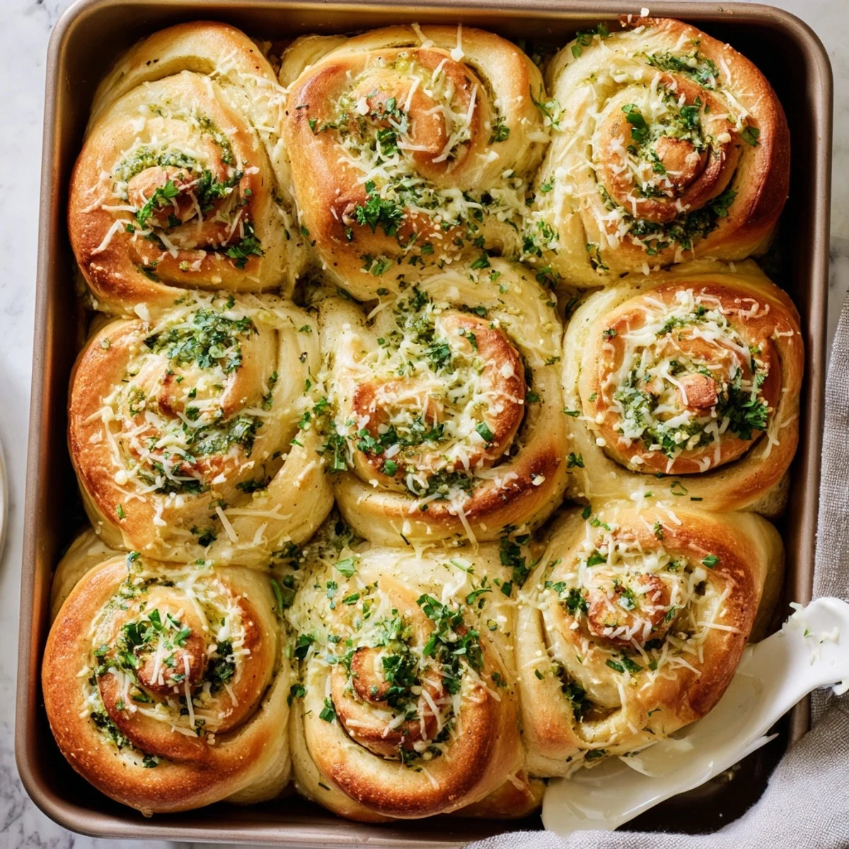 Soft homemade garlic cheese rolls brushed with butter and sprinkled with Parmesan on a serving plate