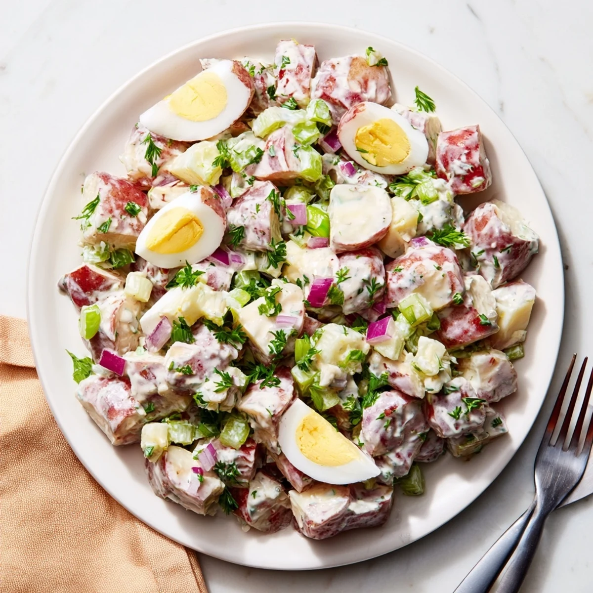 Creamy red potato salad loaded with tender cubed potatoes, crisp celery, and fresh herbs in a bowl.