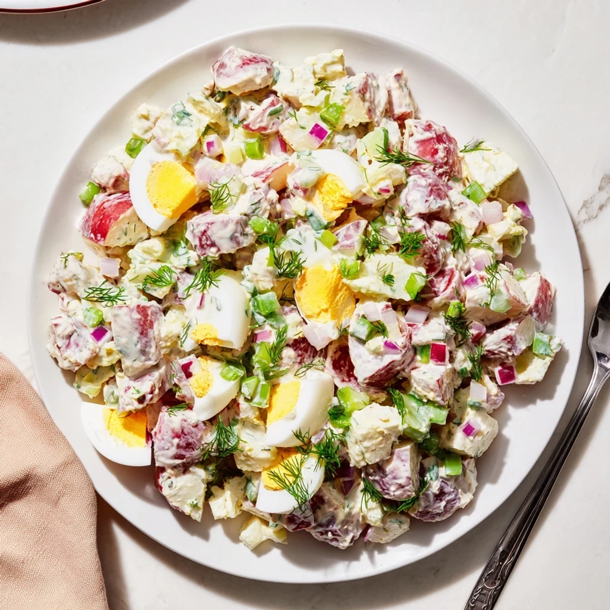 Vibrant red potato salad featuring colorful diced vegetables and tangy dressing perfect for summer barbecues and picnics.