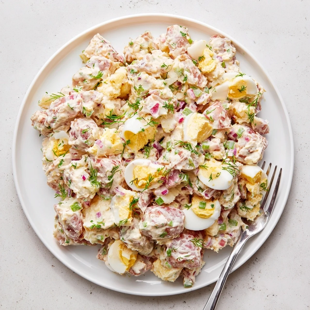 Homemade red potato salad with fork-tender potatoes, creamy mayonnaise dressing, and garnish of green parsley and chives.