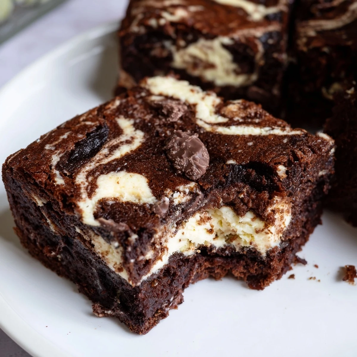 Indulgent square of cheesecake swirled brownies showing the perfect contrast between tangy cream cheese and dense chocolate layers