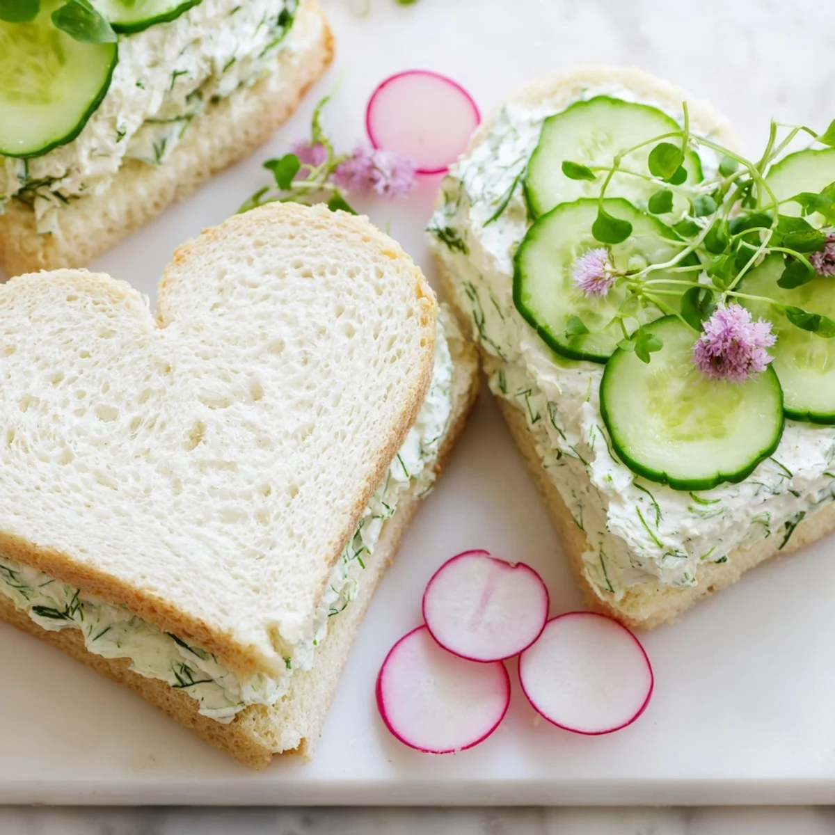 Beautiful arrangement of heart shaped tea sandwiches on a wooden serving board, featuring cream cheese, egg, and smoked salmon fillings