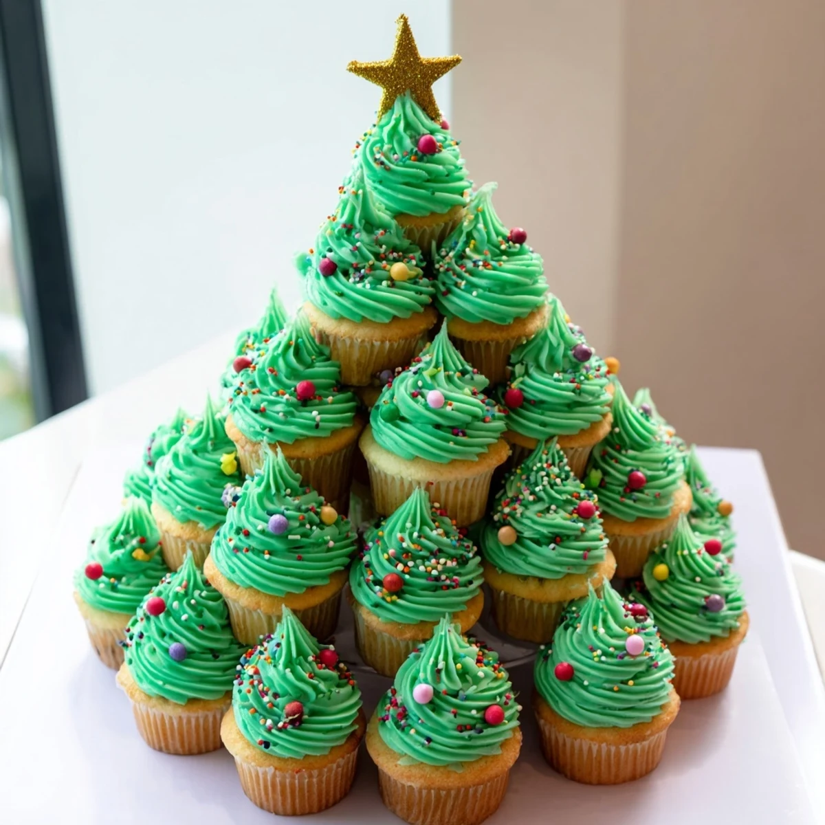 Festive cupcake Christmas tree decorated with green buttercream swirls and colorful sprinkles