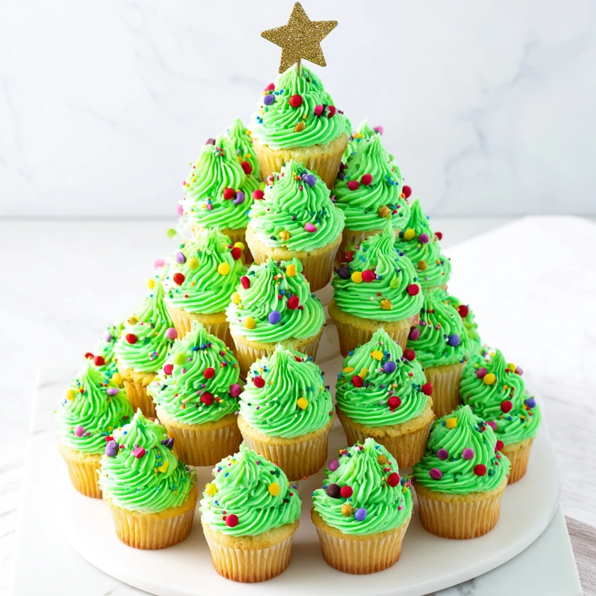 Holiday cupcake Christmas tree arranged in triangular shape with gold star topper