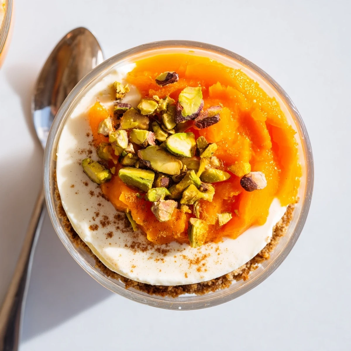 Creamy vegan persimmon cheesecake in a glass topped with vibrant orange persimmon puree and crunchy pistachios