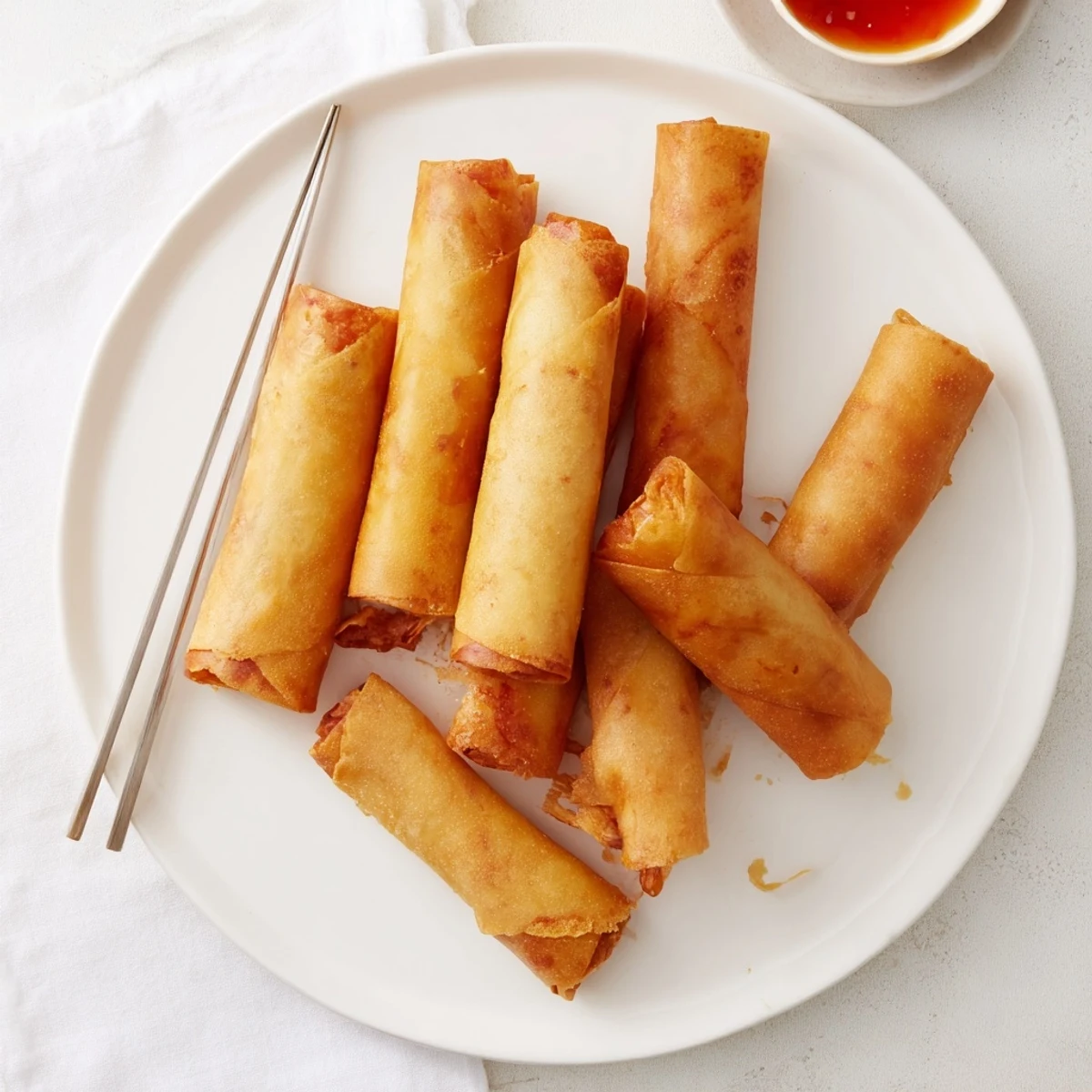 Vietnamese crispy rice paper spring rolls served on white plate with dipping sauce