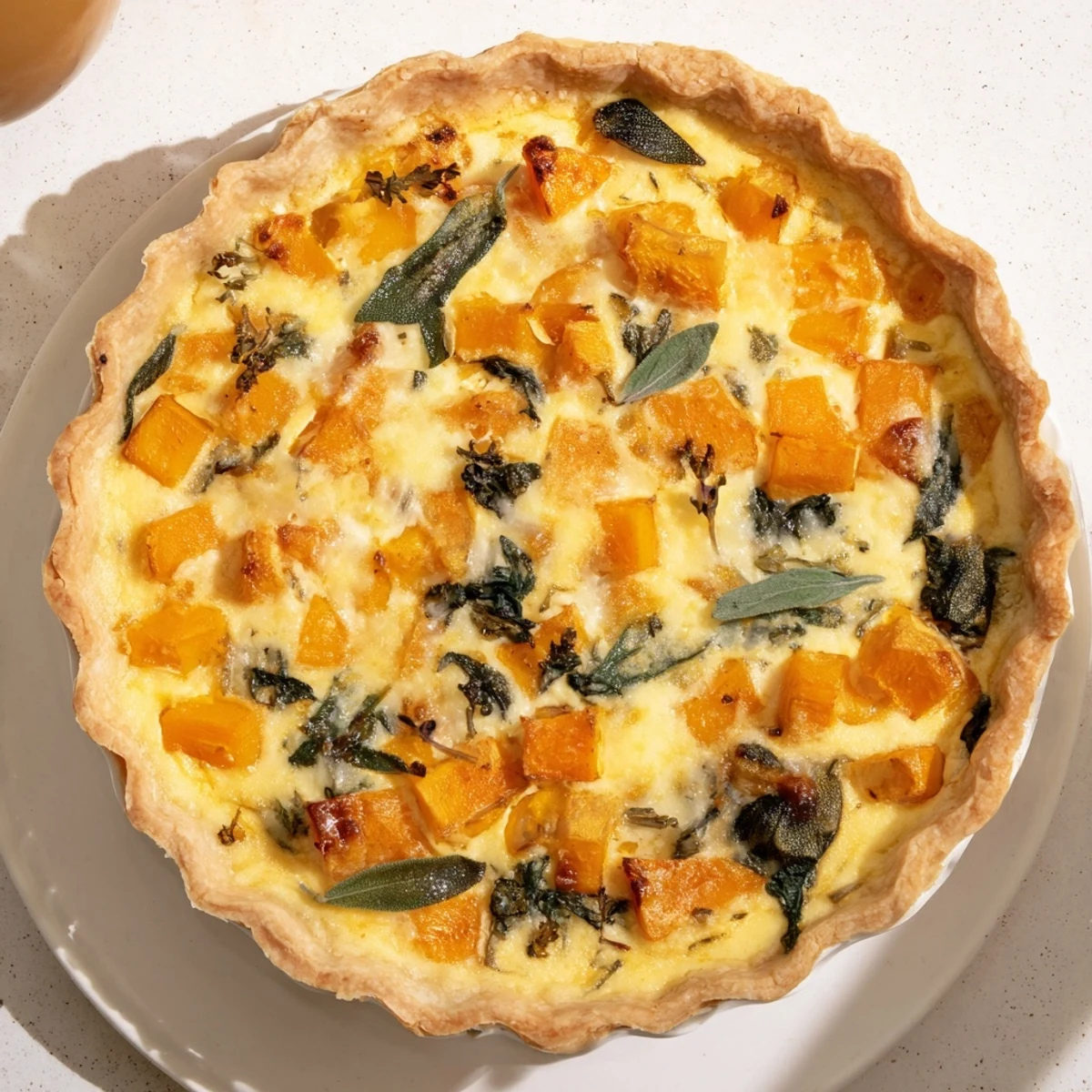 Freshly baked Halloween pumpkin butternut squash pie cooling on wire rack, the golden surface dusted with roasted pumpkin seeds and fresh sage leaves