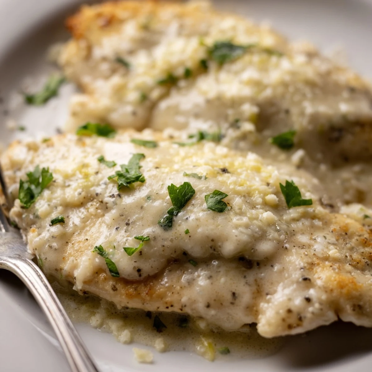 Golden cheesy crust tops tender creamy Parmesan baked Caesar chicken fresh from the oven