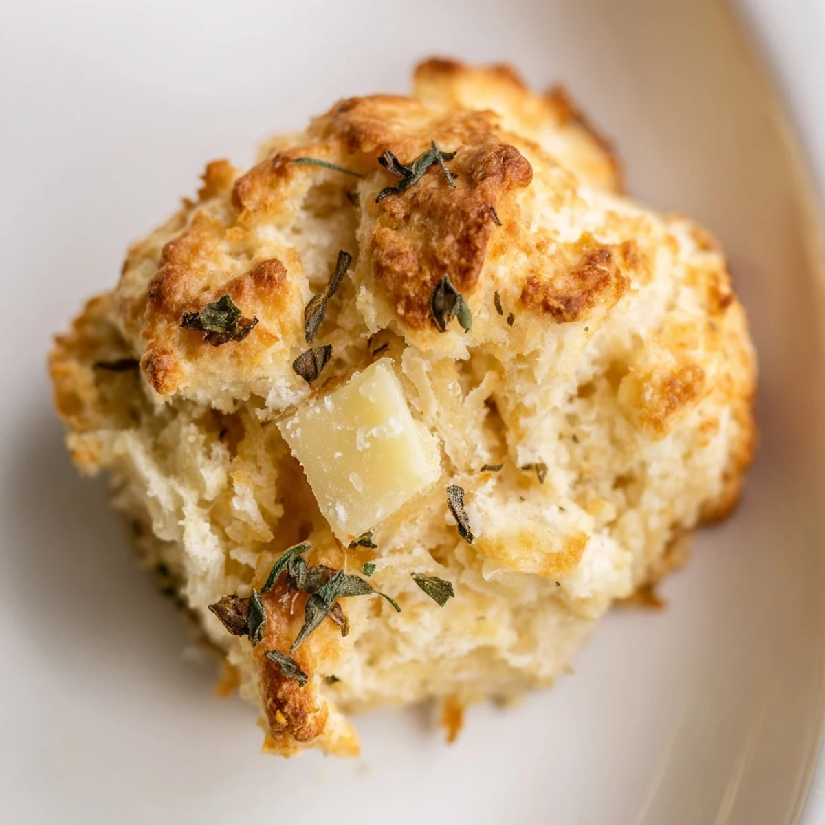 Golden brown sage and Gruyere biscuits stacked on a rustic wooden board with fresh herbs scattered nearby.