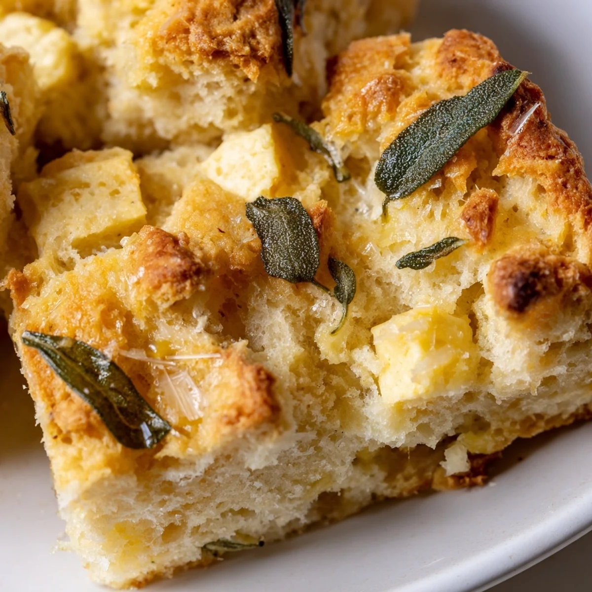 Warm homemade cheese biscuits topped with melted Gruyere and fragrant sage leaves, served on a white ceramic plate.