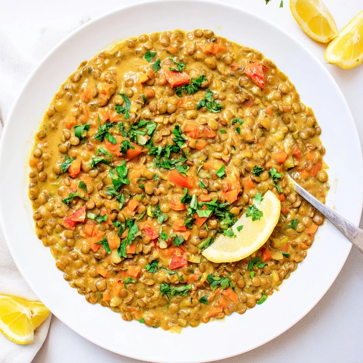 Creamy Greek yogurt lentil curry served in a bowl with fresh cilantro garnish