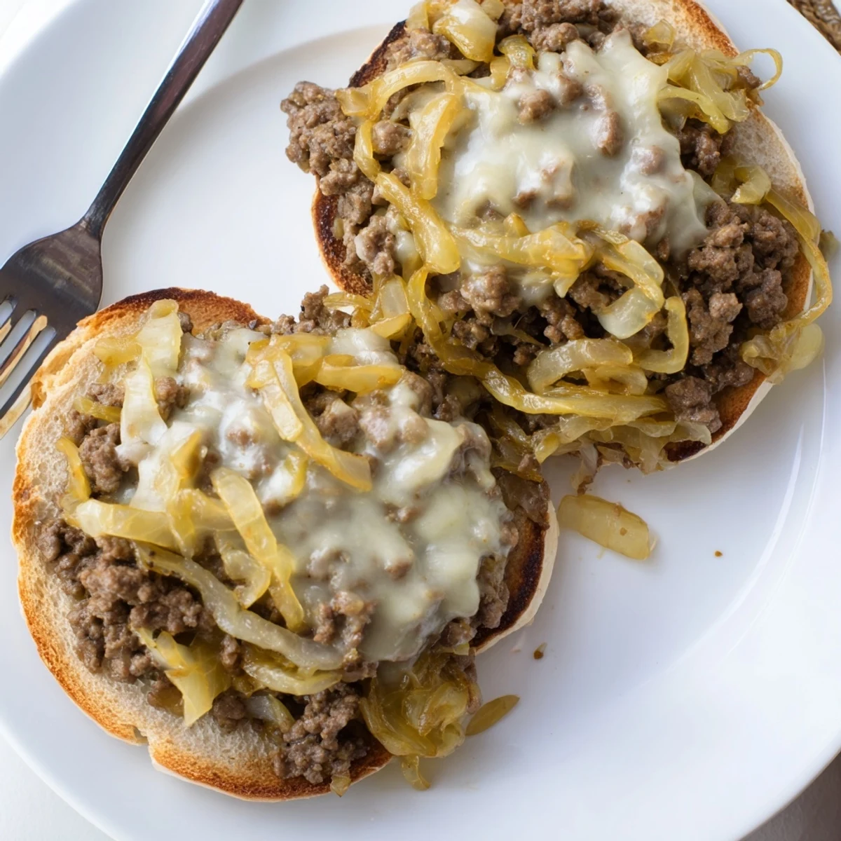 Hearty sloppy Joe sandwich with sweet caramelized onions and melted Swiss cheese on a golden toasted hamburger bun