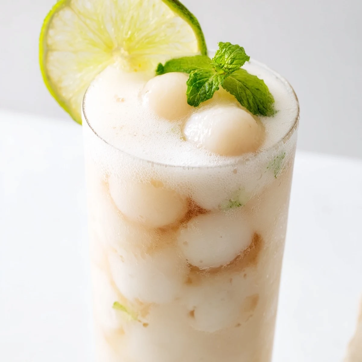 Creamy coconut lychee iced drink topped with fresh mint leaves and lime slices in a tall glass