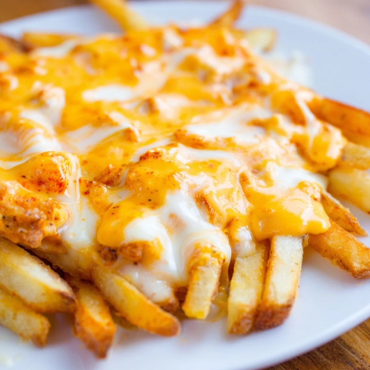 Golden homemade cheese sauce for fries drizzled generously over crispy golden potato wedges