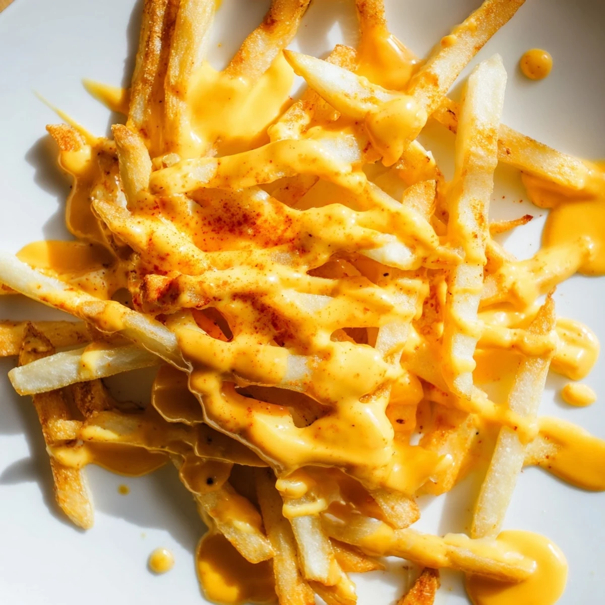 Smooth melted cheese sauce for fries with garlic and smoked paprika seasoning visible