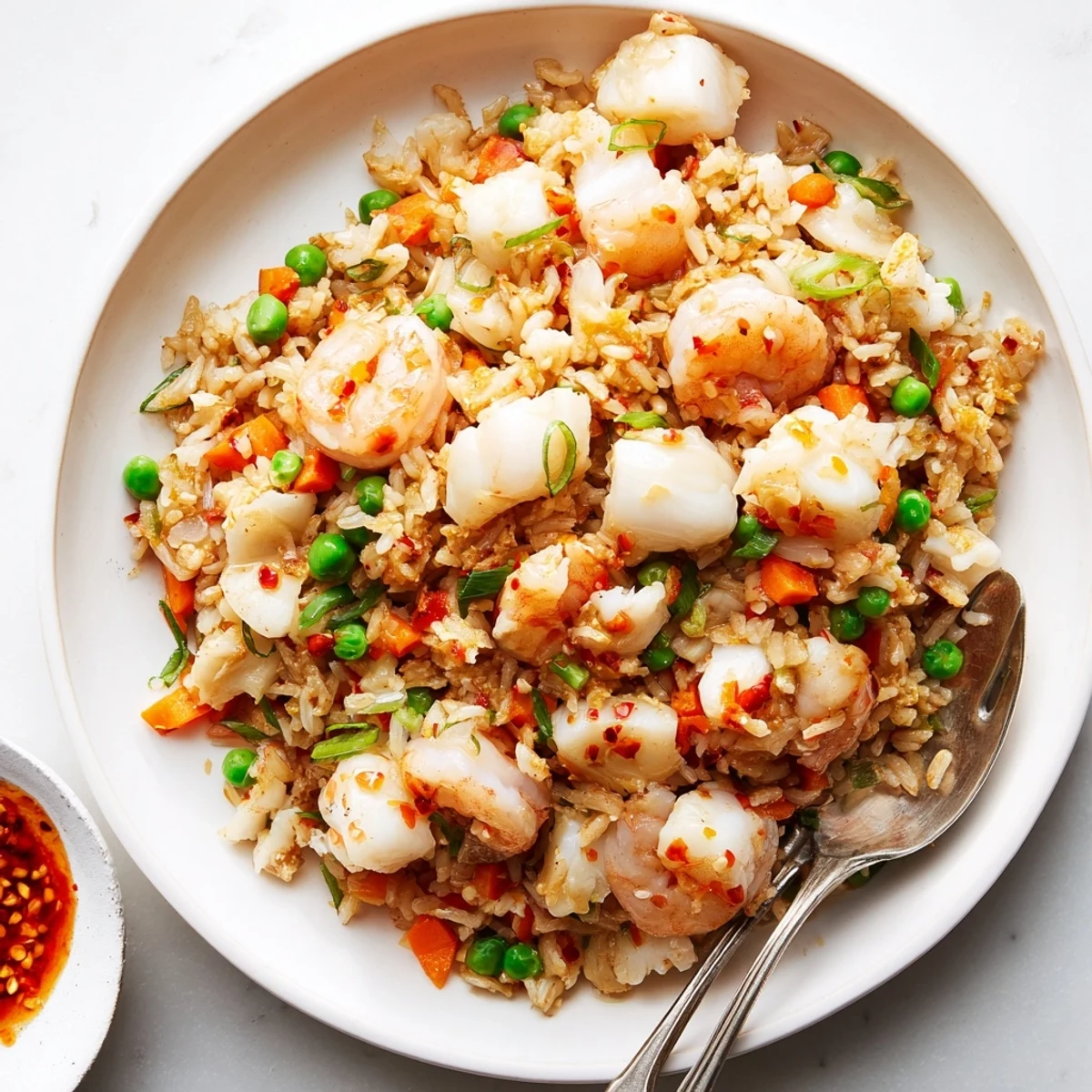 Golden spicy crab and shrimp fried rice drizzled with vibrant red garlic chili oil in a white bowl