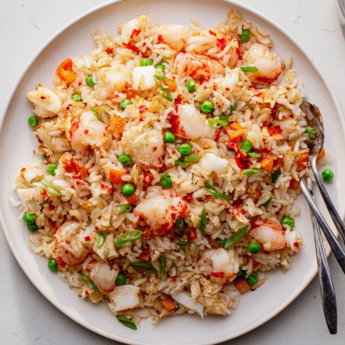 Wok-tossed spicy crab and shrimp fried rice topped with fresh green scallions and glistening homemade chili oil