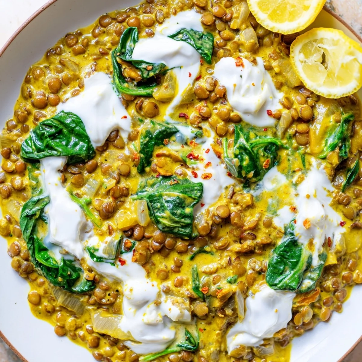 Golden bowl of creamy Greek yogurt lentil curry topped with fresh cilantro and lemon wedges