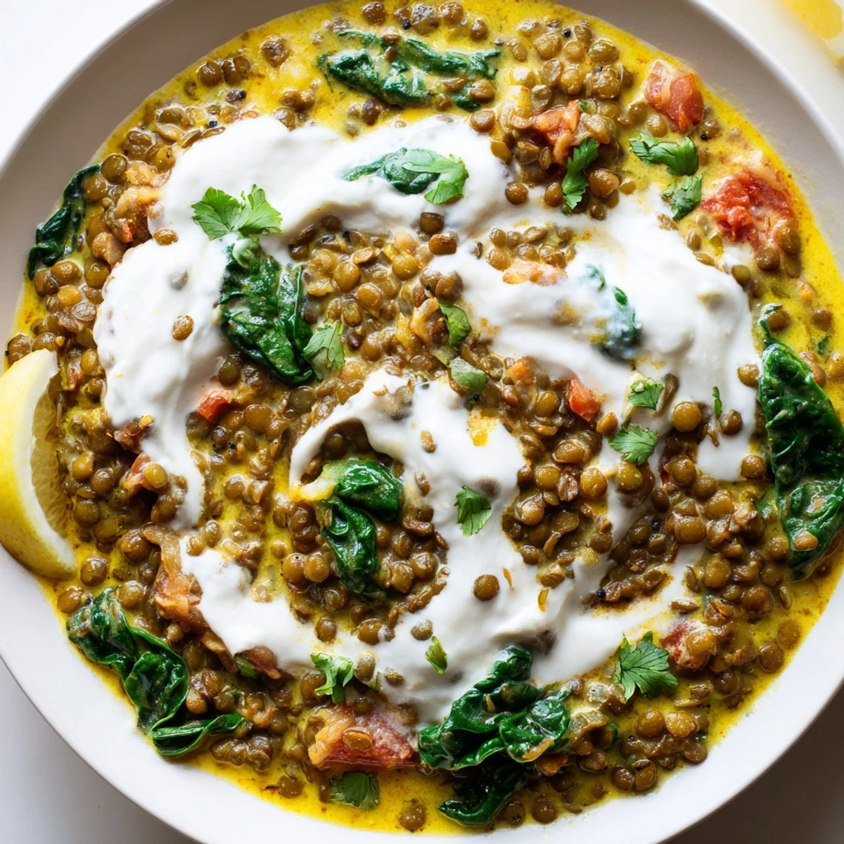 Steamy serving of protein-rich Greek yogurt lentel curry paired with fluffy basmati rice