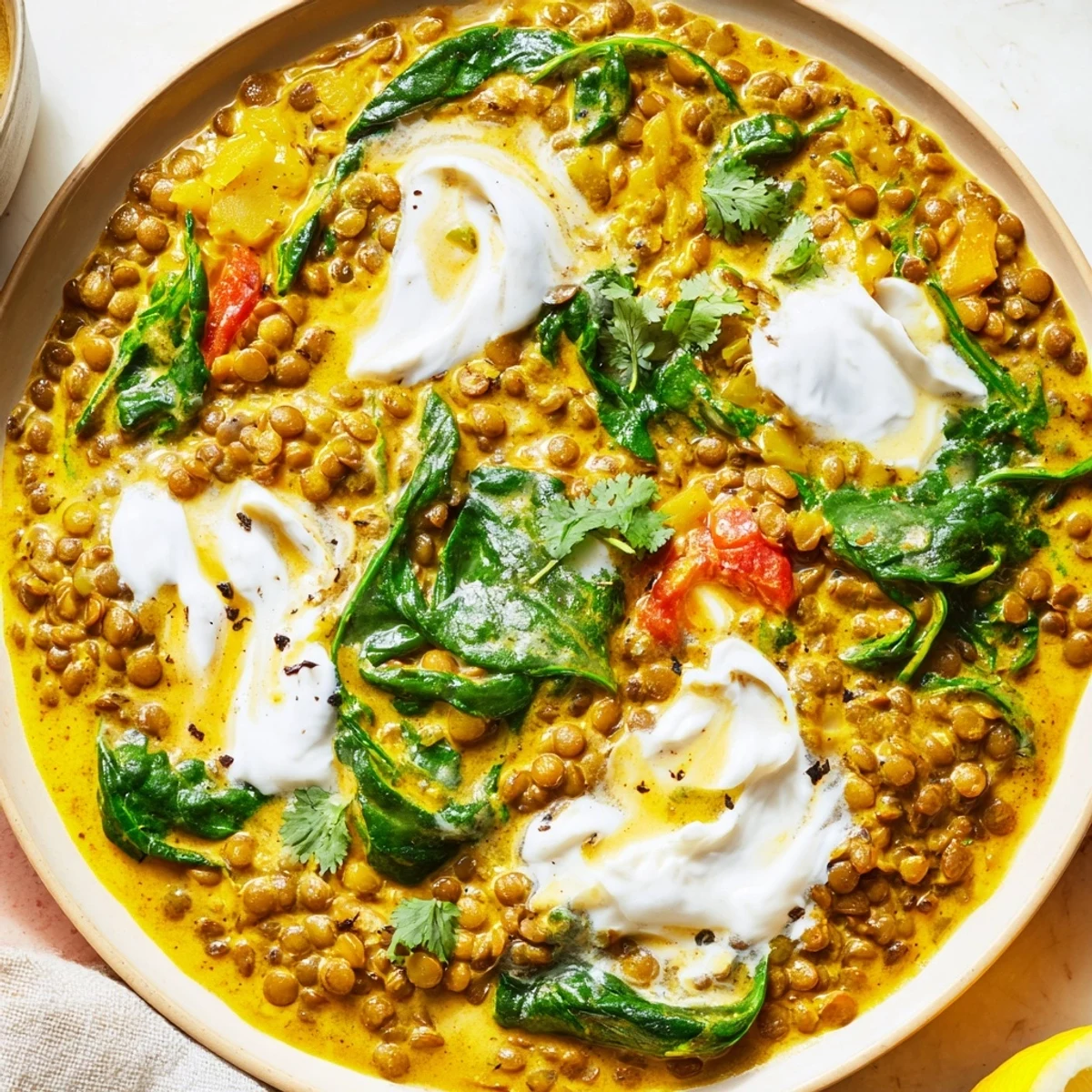 Savory Greek yogurt lentil curry in white bowl garnished with vibrant green cilantro leaves