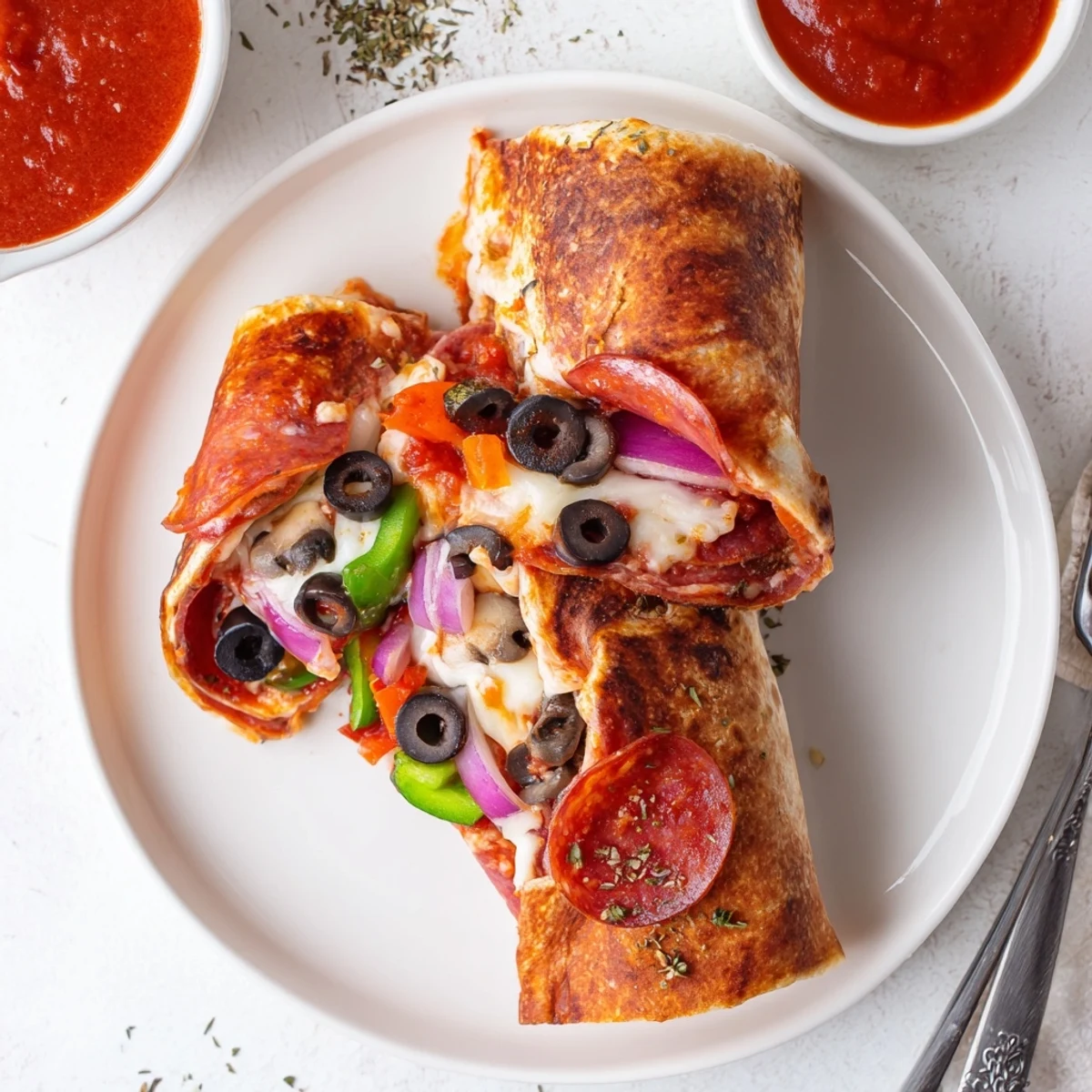 Golden oven baked pizza burritos stuffed with melted mozzarella pepperoni and colorful vegetables
