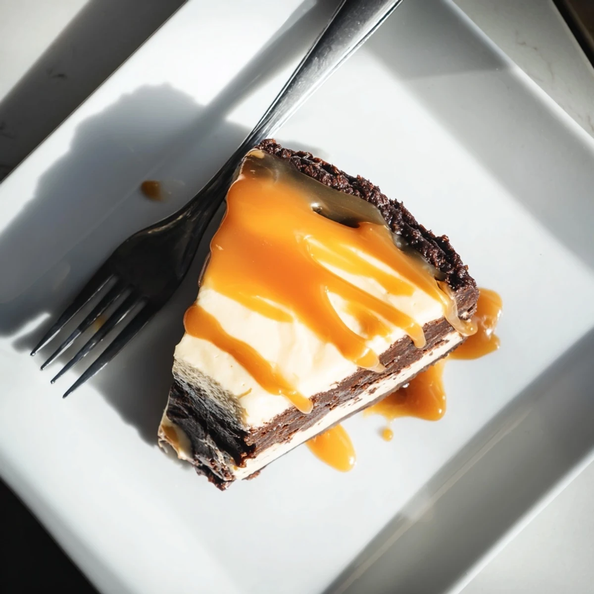Homemade caramel brownie cheesecake featuring velvety cheesecake over fudgy brownie base with smooth caramel glaze