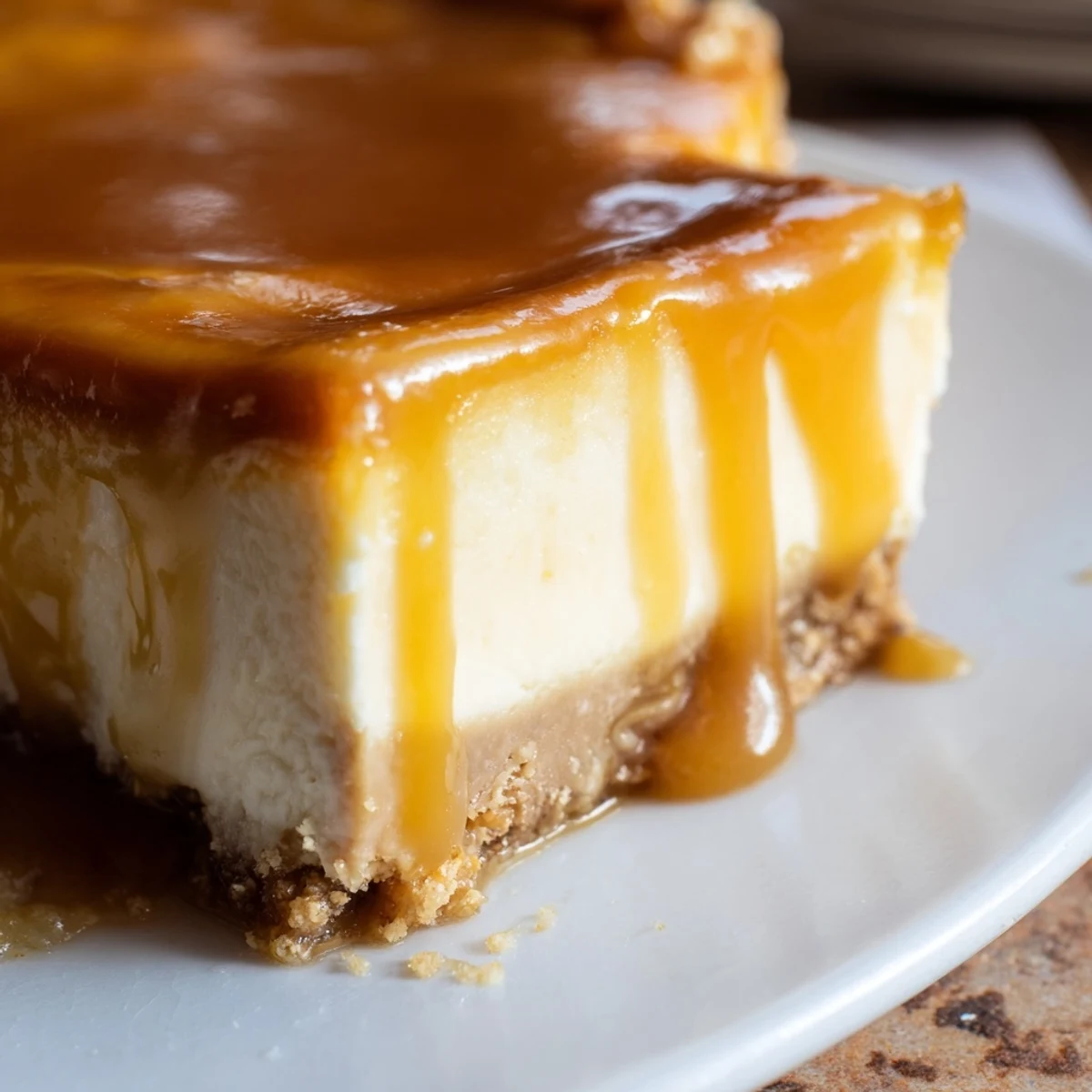 Golden caramel dripping down creamy cheesecake bars on graham cracker crust