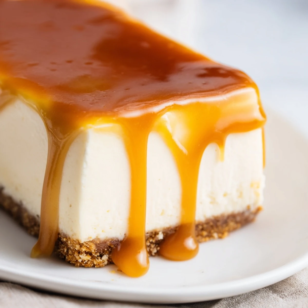 Square slice of caramel cheesecake bars with graham cracker base and glossy topping
