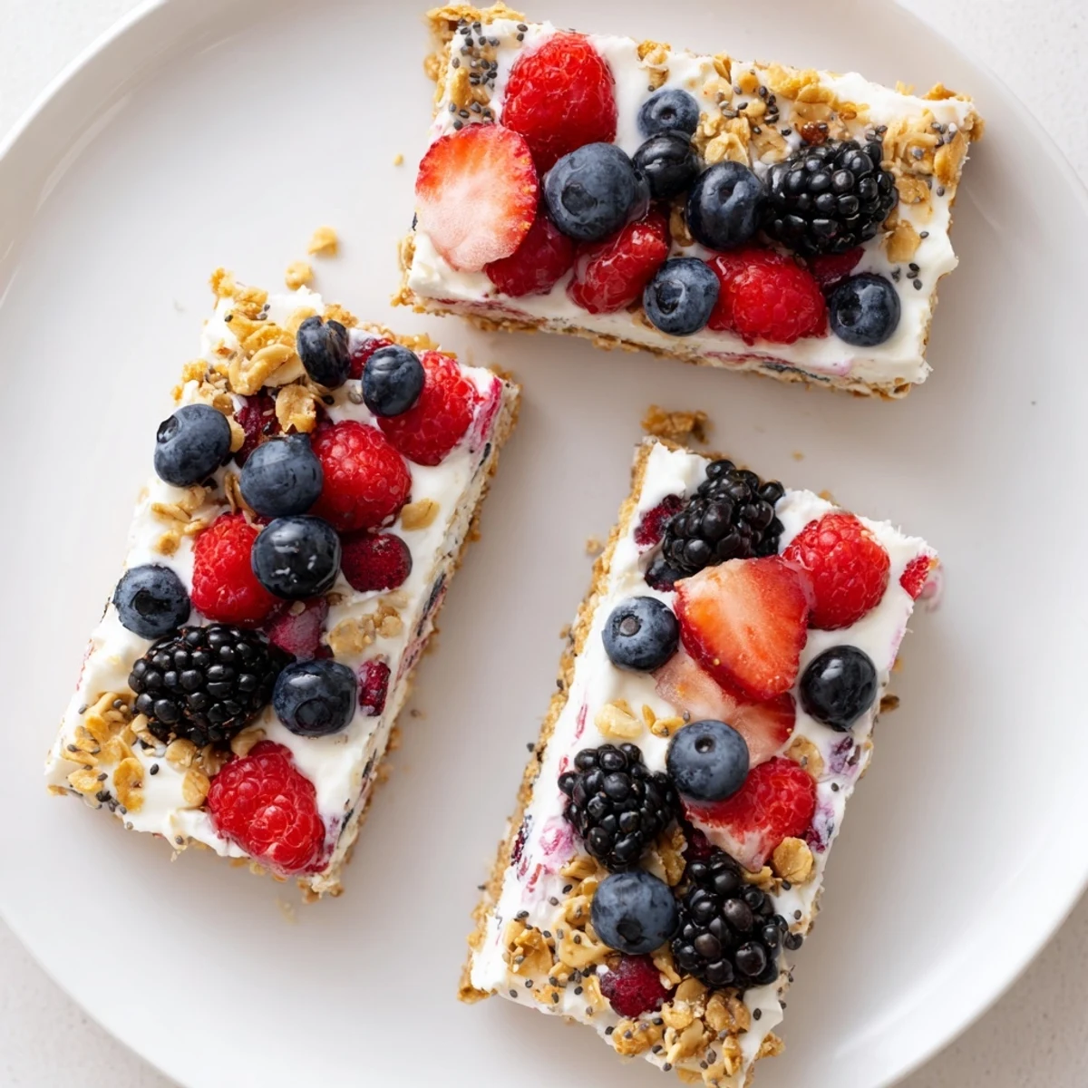 Frozen yogurt berry granola bars sliced into squares showing vibrant red and blue berry topping on white creamy layer
