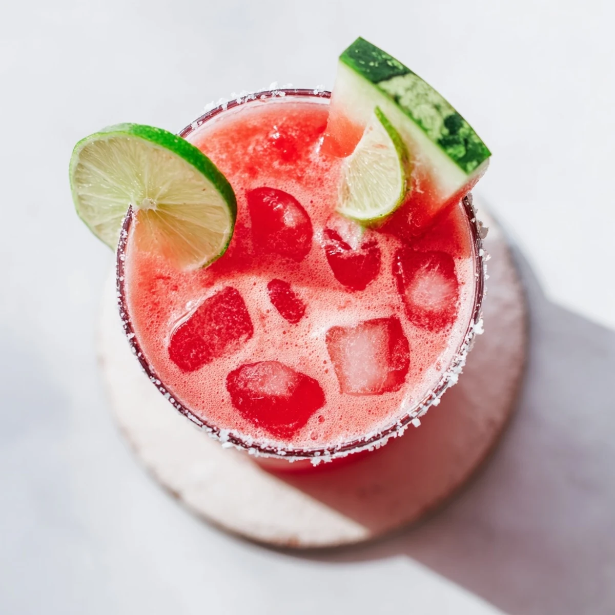 Rimmed glass of refreshing watermelon margarita mocktail served over ice with citrus garnish
