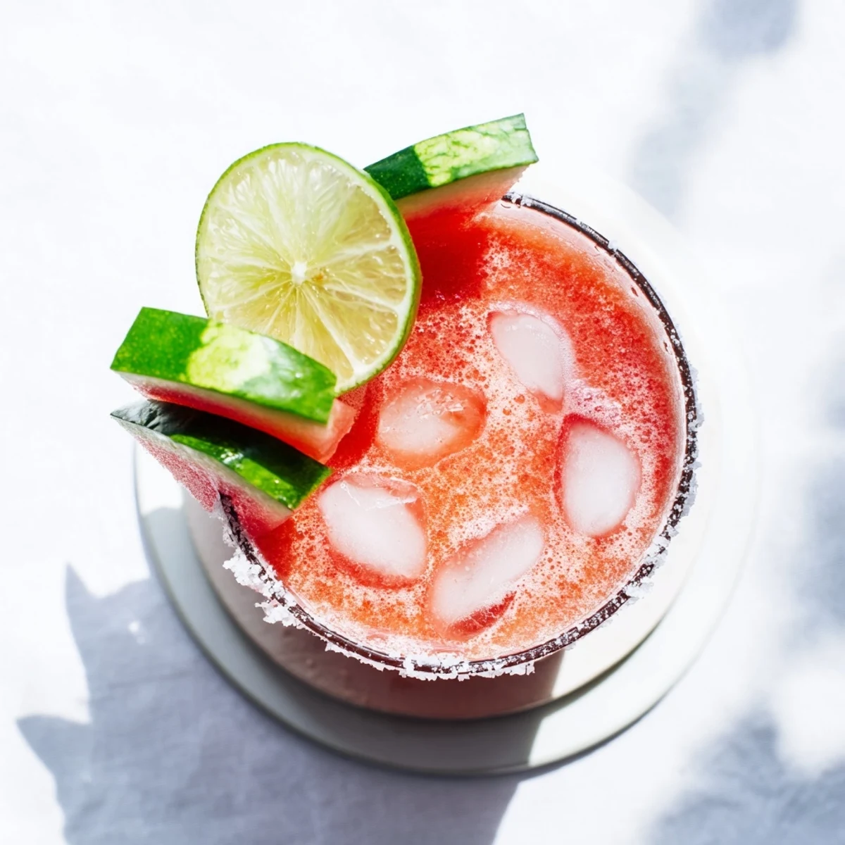 Vibrant pink watermelon margarita mocktail garnished with fresh lime wedge and watermelon slice on ice