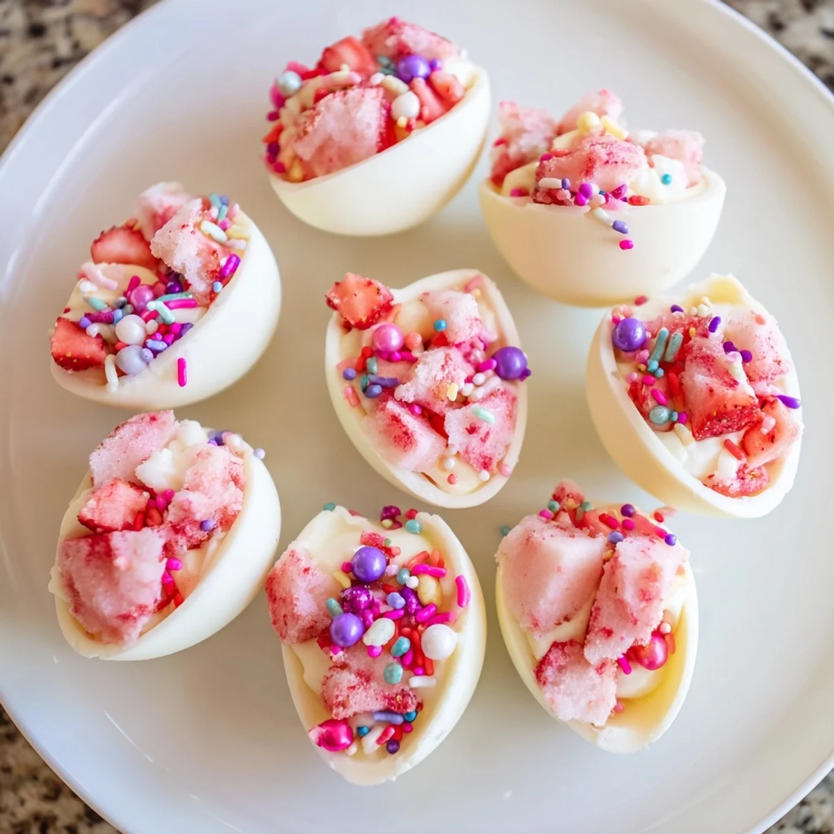White chocolate Easter egg bombs filled with creamy strawberry shortcake mixture topped with colorful sprinkles