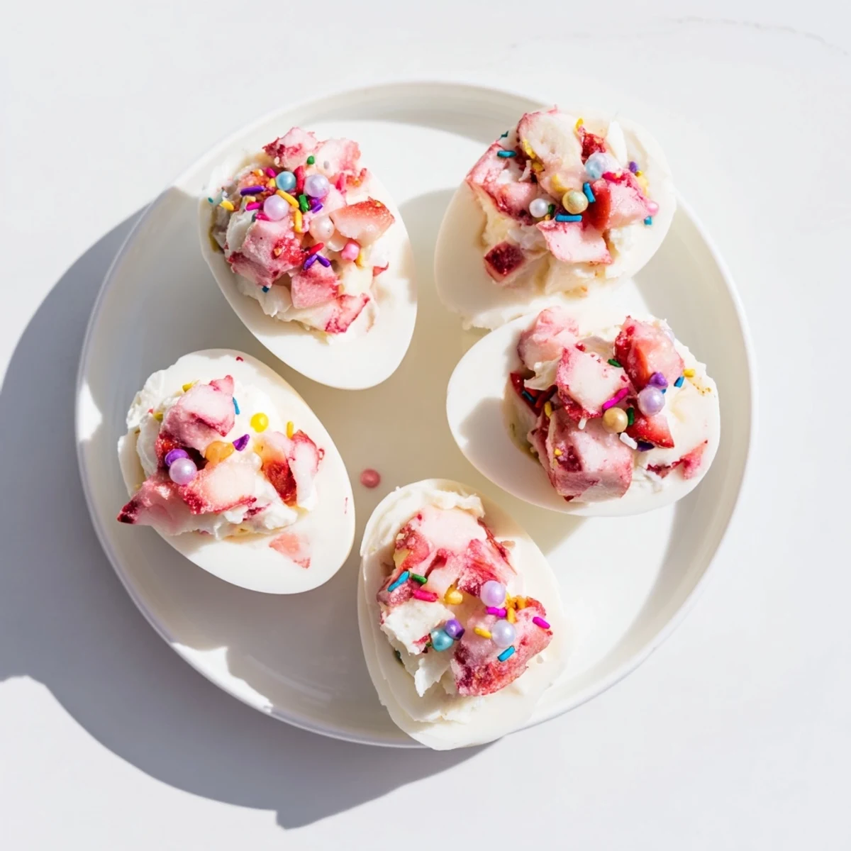 Handheld strawberry shortcake Easter egg bombs with smooth white chocolate shells and fresh berry filling