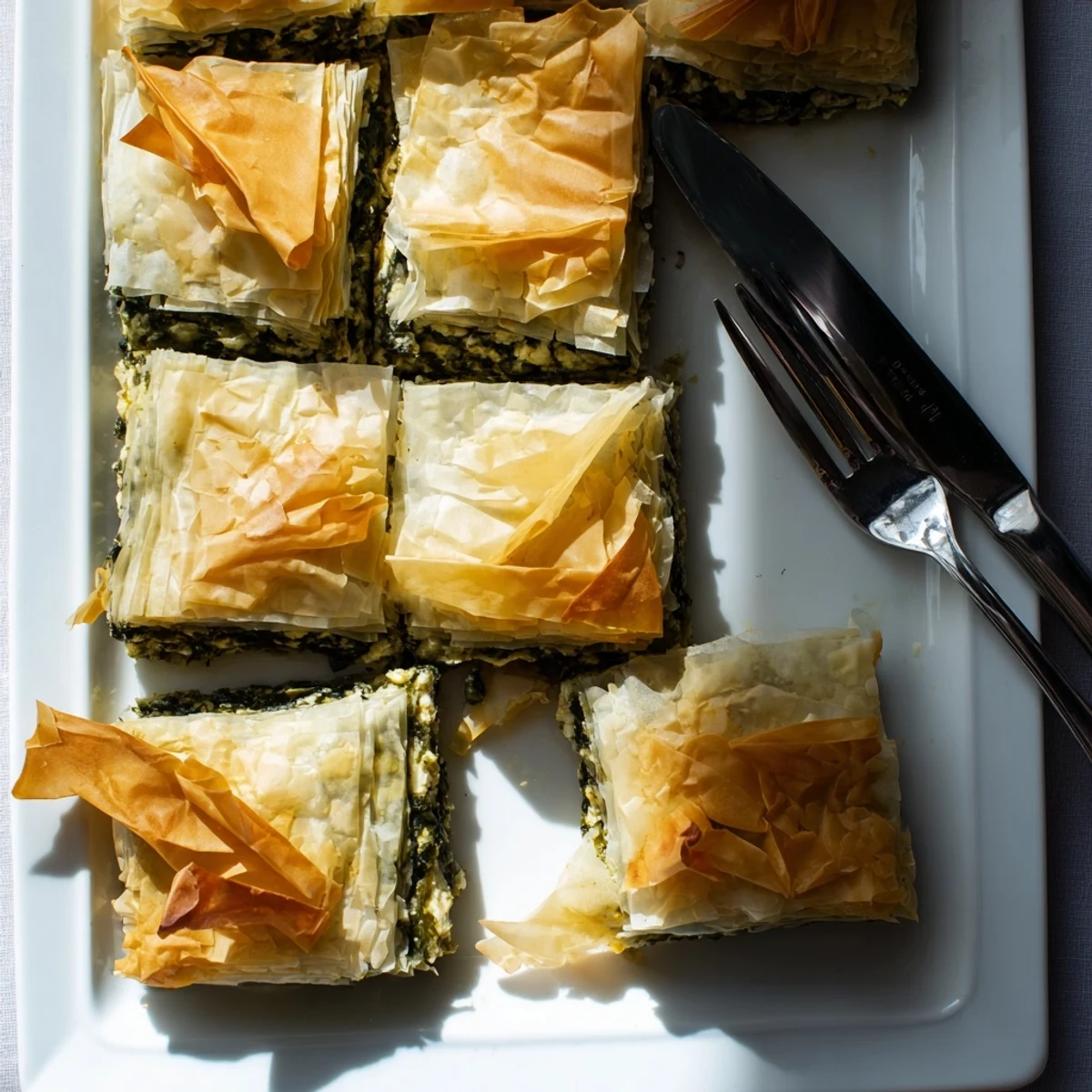 Golden authentic Greek spanakopita with flaky phyllo layers and vibrant spinach-feta filling