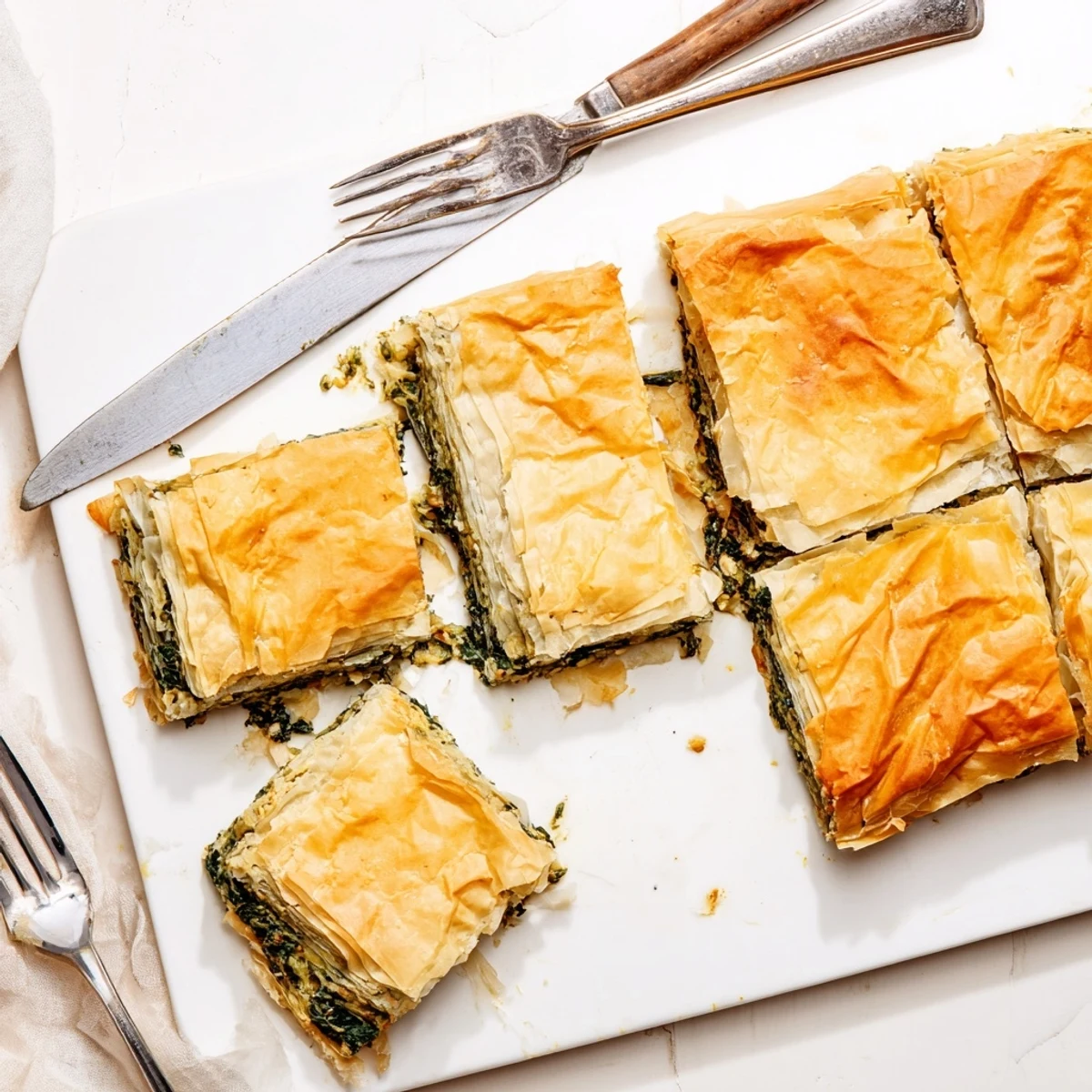 Freshly baked authentic Greek spanakopita with golden brown pastry and savory spinach cheese center
